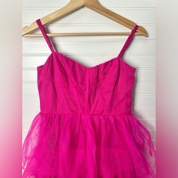 Lulus Rule the Runway Hot Pink Tulle Bustier Tiered Maxi Dress - Picture 8 of 10